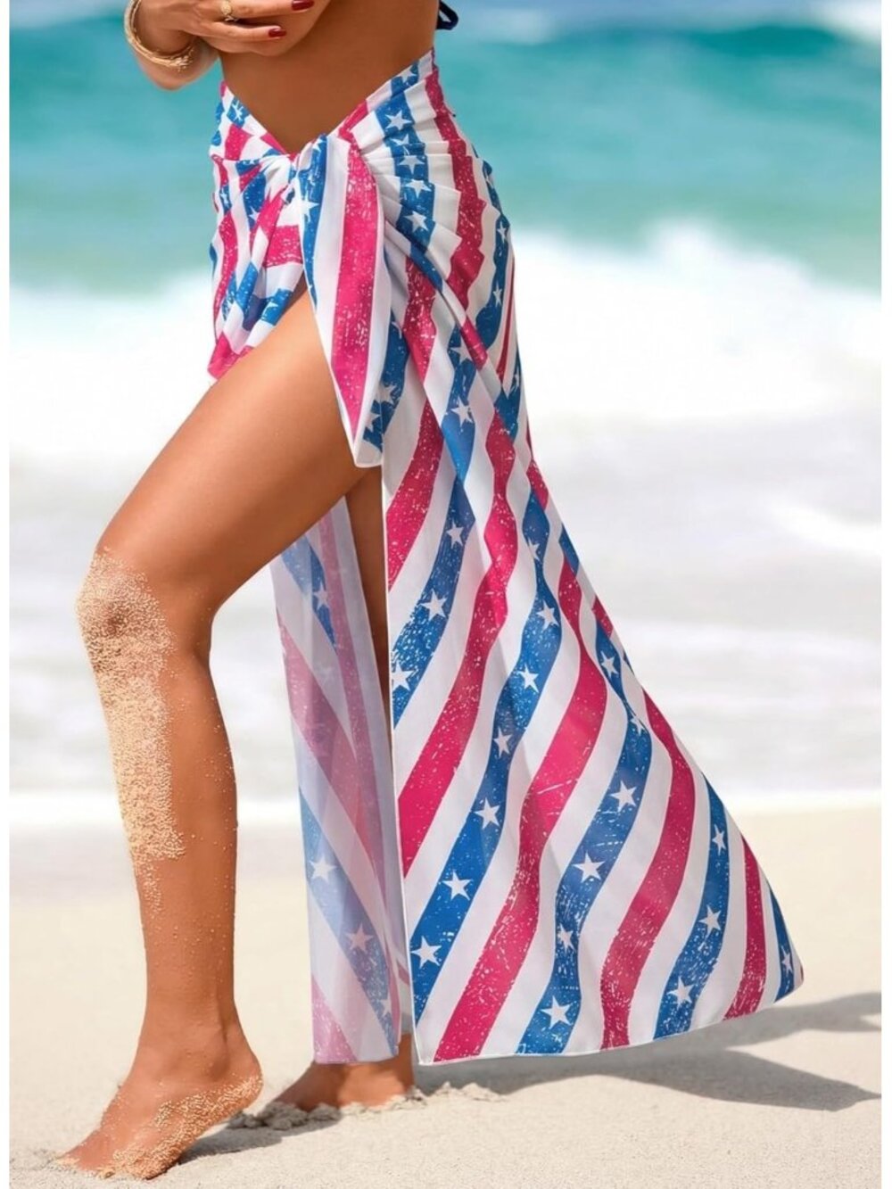 Women's American Flag Stripe Swimsuit High Slit Summer Floral Print Wrap Beach - Picture 3 of 6